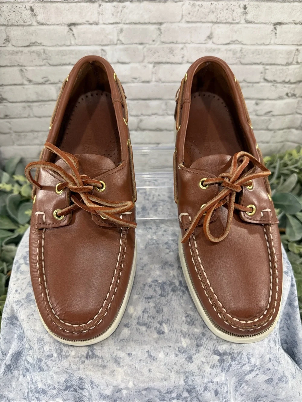 SEBAGO DOCKSIDES “Portland” Cognac Waxed Leather Classic Boat Shoe Mens 7.5W EUC